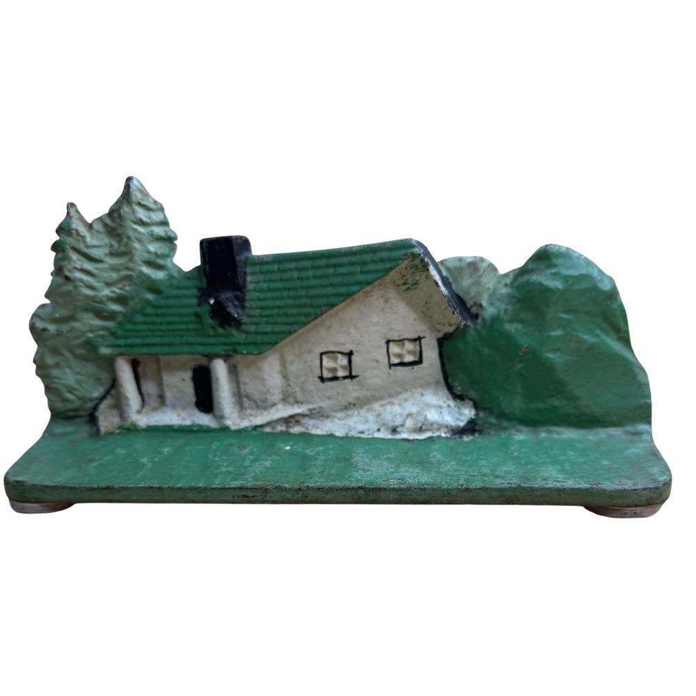 Vintage Hubley Style Cast Iron Cottage House Doorstop Green Roof Cottagecore